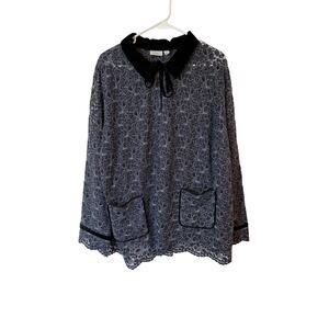 LOGO Lori Goldstein Long Sleeve Tunic Lace Blouse Velvet Cotton Blue Women's XL